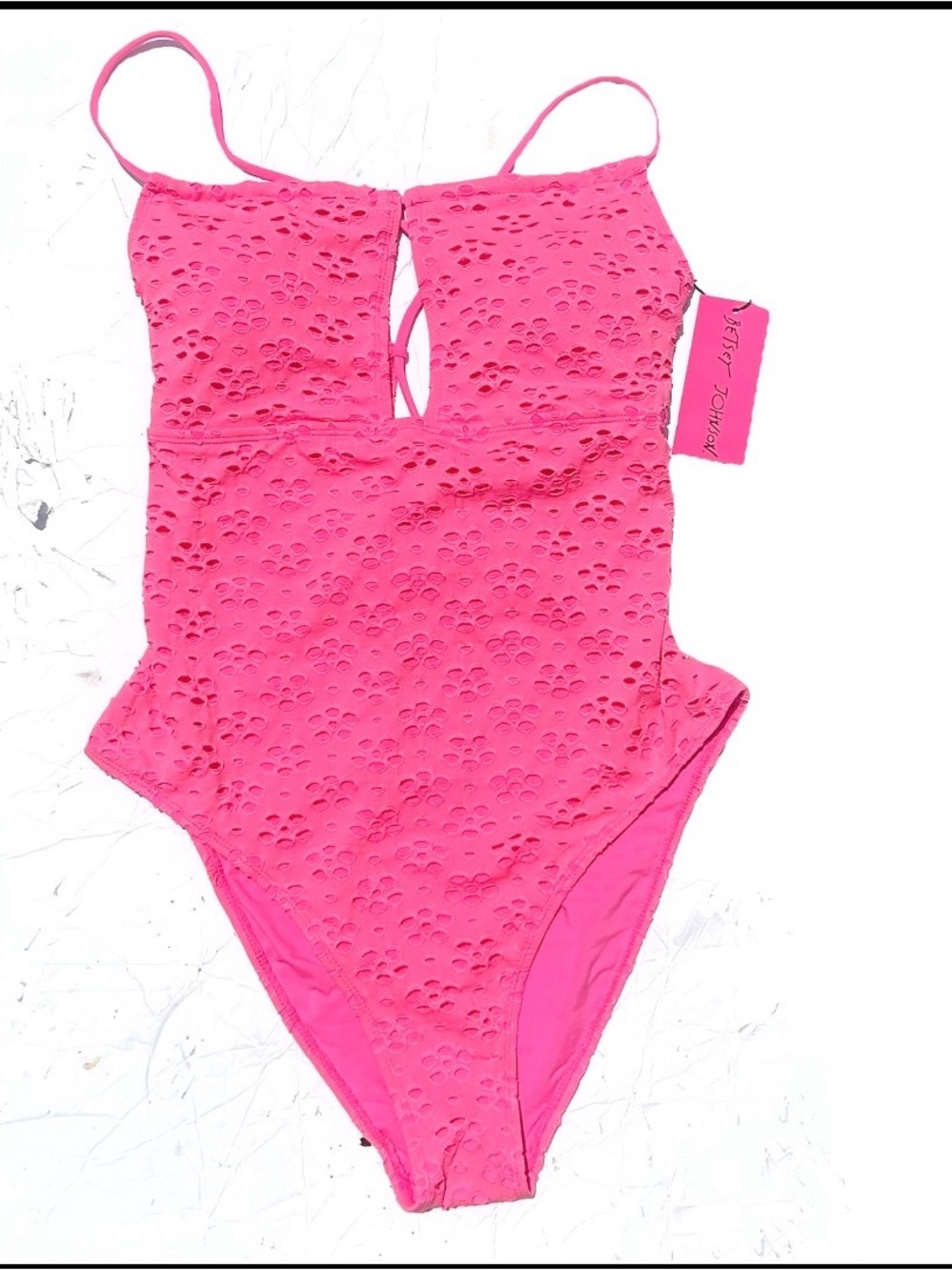 Betsey Johnson Sugar Plum ( pink) Eyelet Cut Out One Piece Swimsuit Size L NWT - Picture 4 of 9